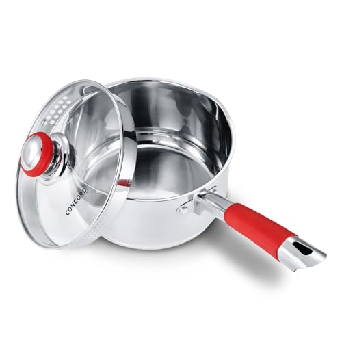 Concord 3 Quart Stainless Steel Saucepan with SIMPLE POUR Vented Glass Lid. Features Dual Pouring Spouts and Volume Marking. Perfect for making Sauces, Jam, Ramen, and more - size: 3 QT