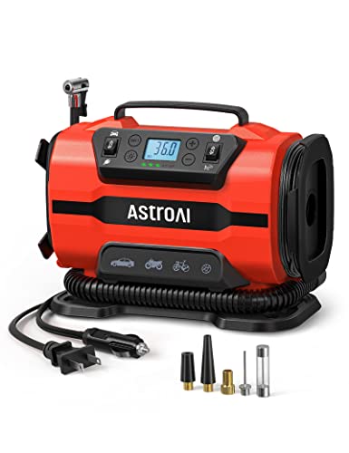 AstroAI Tire Inflator Portable Air Compressor Pump 150PSI 12V DC/110V AC with Dual Metal Motors&LED Light, Automotive Car Accessories&Two Modes for Car, Bicycle Tires and Air Mattresses, Red - color: Red, size: Standard