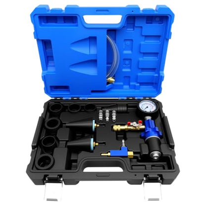 Coolant Vacuum Refill Kit, 15pc Radiator Cooling System Tool Set | With Conical Adapter 6 Round Adapters for Leak Detection Cooling Refill, Vacuum Coolant Fill Kit with Splashproof Hose