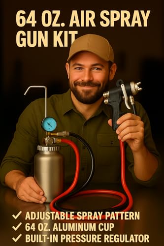 64 oz. Air Spray Gun Kit with Built-in Regulator, Adjustable Fan Pattern, Siphon Feed, 6.5 ft Hoses - Sprays with Pinpoint Accuracy for Quality Work on Industrial, Commercial, Farm, or Home Projects