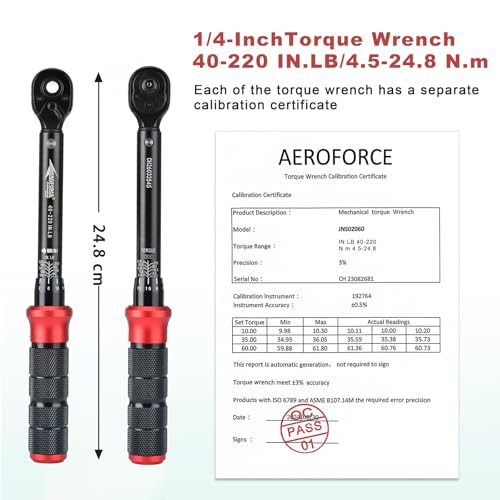 AEROFORCE 1/4-Inch Drive Click Torque Wrench (40-220 lb.in / 4.5-24.8 Nm),72 Tooth Dual Direction Reversible Ratchet with Dual Range Scales, Precision Calibrated for Bikes & DIY