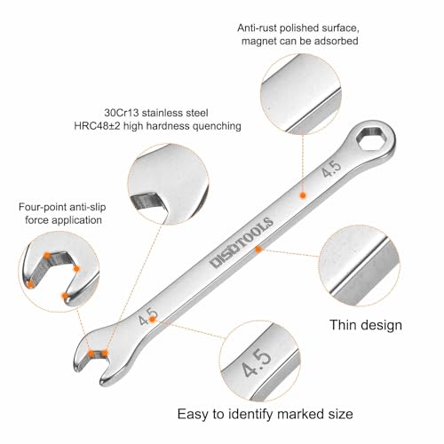 HARFINGTON 2pcs Thin Combination Wrench 4.5mm Offset 6-Point Ended Box & 15° Angled Open End Mini Combination Wrench 30Cr13 Stainless Steel Quenching Polish Metric Spanner for Auto Repairs - size: 4.5mm