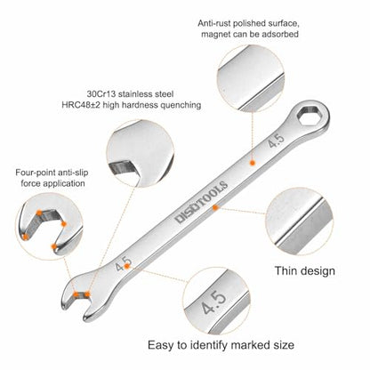 HARFINGTON 2pcs Thin Combination Wrench 4.5mm Offset 6-Point Ended Box & 15° Angled Open End Mini Combination Wrench 30Cr13 Stainless Steel Quenching Polish Metric Spanner for Auto Repairs - size: 4.5mm