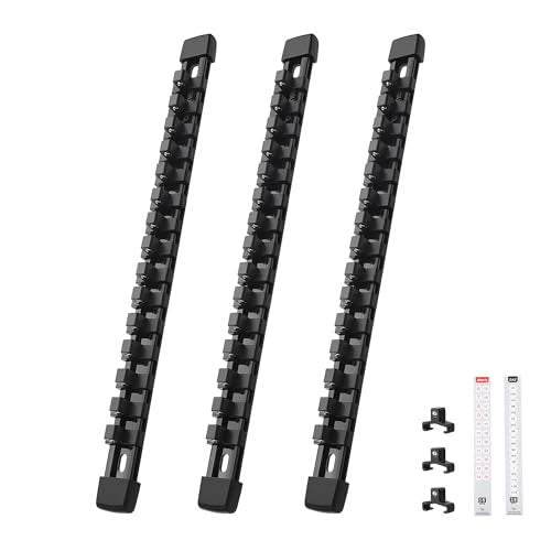 Reniteco 3-Piece Socket Organizer - 3/8-Inch Drive x 45 Clips, Heavy Duty ABS Socket Holder with Removable End Caps, Premium Socket Rail for Tool Box Drawer - color: Black, size: 3/8" DR