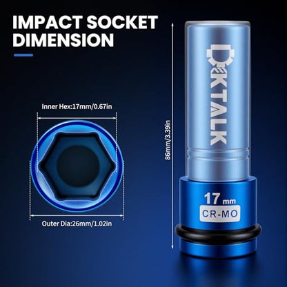 1/2" Drive 17mm Wheel Lug Nut Impact Socket,Color-Coded Non-Marring Deep Thin Wall Socket with Removable Protect Sleeve, 6 Point, Cr-Mo Steel - color: 17mm