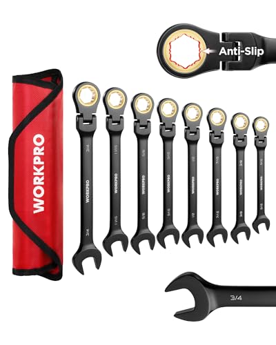 WORKPRO Ratcheting Combination Wrench Set, 8-piece Flex-Head Anti-Slip Set SAE 5/16-3/4 inch, 72-Teeth, Cr-V Constructed, Black Electrophoretic Coating with Rolling Pouch - size: SAE, style: Anti-Slip Tooth