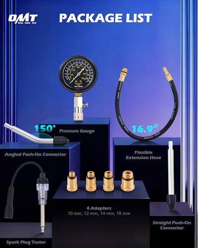 OMT 9pc Gas Cylinder Compression Tester Set with Adjustable Pressure Gauge | Premium Brass Core; Spark Plug Diagnostic Tool; Vehicle Engine Repair; For Garage Mechanics; 4 Universal Steel Adapters