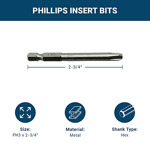 Benchmark Abrasives 1/4 Inch Hex Anti Slip Phillips Insert Screw Head Screwdriver Bits, Rotary Drill Bits for Repairing Electronics, Automotive Parts, Furniture (50 Pack) - (PH3 x 2-3/4") - size: PH3 x 2-3/4"