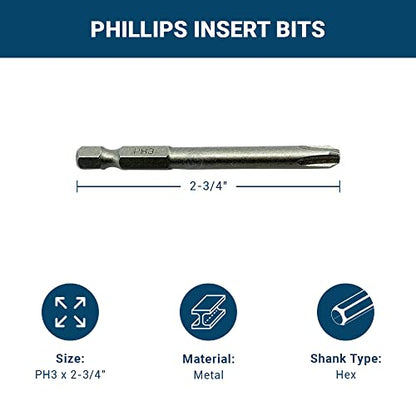 Benchmark Abrasives 1/4 Inch Hex Anti Slip Phillips Insert Screw Head Screwdriver Bits, Rotary Drill Bits for Repairing Electronics, Automotive Parts, Furniture (50 Pack) - (PH3 x 2-3/4") - size: PH3 x 2-3/4"