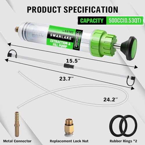SWANLAKE 500cc Fluid Extractor & Fill Pump, Automotive Fluid Pump Extractor, Oil Change Pumps with 23'' Long Hose, 2PCS 12'' Extension Tubes, Suction Pumps for Lawn Mowers Cars - size: 500ML with Hose