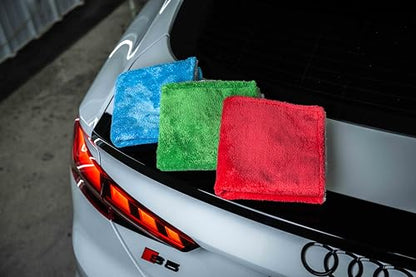 Autofiber Royal Plush Double Pile Microfiber Detailing Towel - Pack of 3, Green/Gray (16 inch x 16 in, 700 GSM) - color: Green/Gray