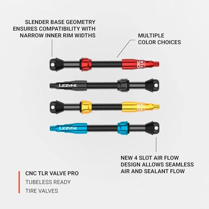 LEZYNE CNC TLR Valve Pro Tubeless Valve Pair for MTB, Gravel & Road Bikes | CNC Aluminum Presta Valve Stems, Bicycle Tire Insert Compatible, Sealant Friendly - 60mm, Gold (1-PK-TLRVL60-V212) | tire-valve-tools - color: Gold, size: 60 mm