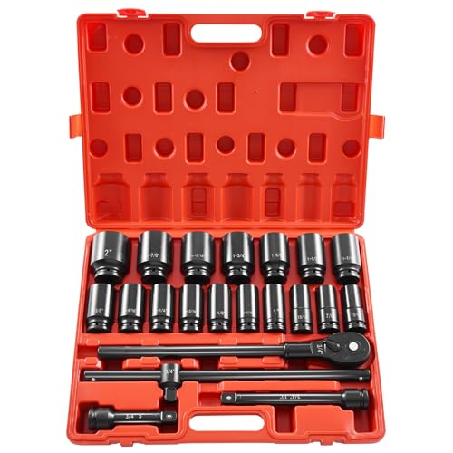 VEVOR Impact Socket Set 3/4 Inches 22 Piece Deep Impact Sockets, 6-Point Sockets, Rugged Construction, CR-V Drive Socket Set Impact SAE 13/16 inch - 2 inch, Includes Carrying Case and Ratchet Handle - style: 3/4" 22PCS