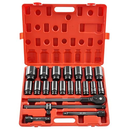 VEVOR Impact Socket Set 3/4 Inches 22 Piece Deep Impact Sockets, 6-Point Sockets, Rugged Construction, CR-V Drive Socket Set Impact SAE 13/16 inch - 2 inch, Includes Carrying Case and Ratchet Handle - style: 3/4" 22PCS