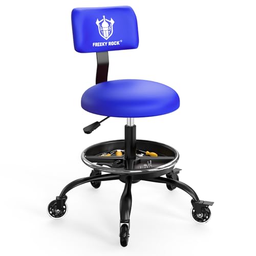 Rolling Shop Stool with Wheels, Garage Mechanic Stool Chair with Backrest, Height Adjustable Heavy Duty Swivel Task Chair, Adjustable Footrest with Storage Tray for Garage Kitchen Salon Tattoo (Blue) - color: Blue