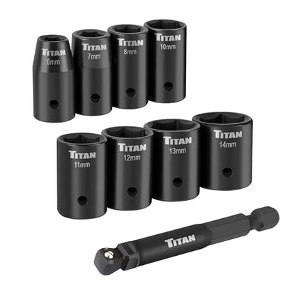 Titan 46201 9-Piece 1/4-Inch Drive Metric Shallow Impact Socket Set, 6-Point, Metric Sizes 6 to 14mm - size: 9-Piece Metric Shallow, style: 1/4-Inch Drive