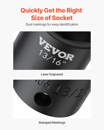 VEVOR Impact Drive Socket Set 1/2 Inches 19 Piece Impact Sockets SAE, Standard Socket Assortment, (3/8 Inches to 1-1/2 Inches) 6-point Hex Sockets - style: 1/2" 19PCS