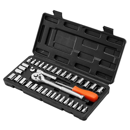 VEVOR Socket Set, 39 Pieces, 3/8 & 1/4 inch Drive Socket and Ratchet Set, SAE and Metric Size, Mechanic Tool Kit with Ratchet Wrench, Accessories, Storage Case, CR-V Alloy Steel, for Automotive Repair - size: 1/4"&3/8", style: 39 PCS