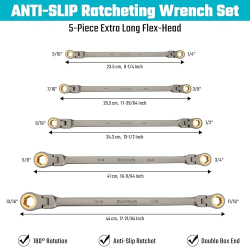 DURATECH Extra Long Anti-Slip Flex-Head Ratcheting Wrench Set, 5-Piece, SAE | Double Box End, 1/4" to 13/16", 72-Tooth, 5° Swing Arc, for Tight Spaces, CR-V Steel, Grey Nickel Plated, EVA Foam Organizer