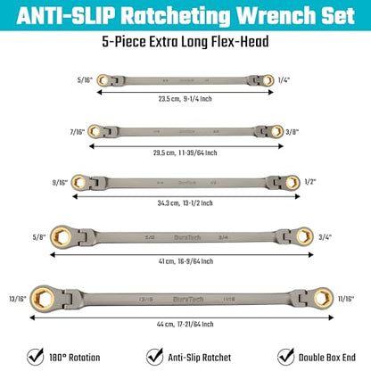 DURATECH Extra Long Anti-Slip Flex-Head Ratcheting Wrench Set, 5-Piece, SAE | Double Box End, 1/4" to 13/16", 72-Tooth, 5° Swing Arc, for Tight Spaces, CR-V Steel, Grey Nickel Plated, EVA Foam Organizer