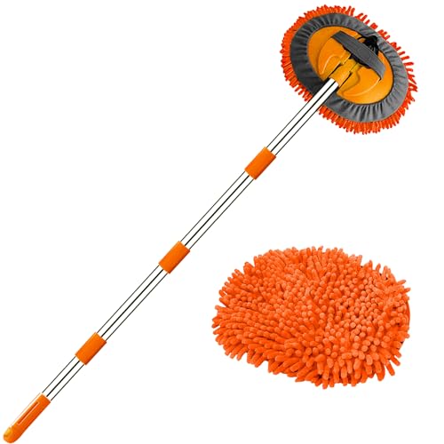 WillingHeart 63" Car Wash Mop Brush Tool Mitt with Long Handle Length More Suitable for Washing American Cars Truck, SUV, RV, Trailer, 2 in 1 Chenille Microfiber Duster Not Hurt Paint Scratch Free - color: Orange