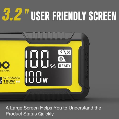 GOOLOO GT4000S Jump Starter 4000A Car Jumper Starter (Up to 10L Diesel All Gas Engines), 100W Fast-Charging Lithium Jump Box, SuperSafe Portable Car Battery Charger for 12V Vehicles, Yellow - color: Yellow