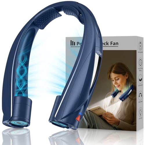 Laimiod Hand Free Portable Neck Fan with LED Book Light for Men & Women | Comfortable Silicone Made, 6-20 Hours Long Lasting, 6 Adjustable Speeds, Ultra Quiet Personal Neck Cooler for Indoor Outdoor - color: Dark Blue