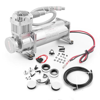 200PSI Air Ride Suspension Compressor with 1/4 NPT Hose Kit,Heavy Duty 12V 480C Air Compressor Pump for Train Horn & Air Bag Suspension, Chrome Silver Fit for Truck & Car