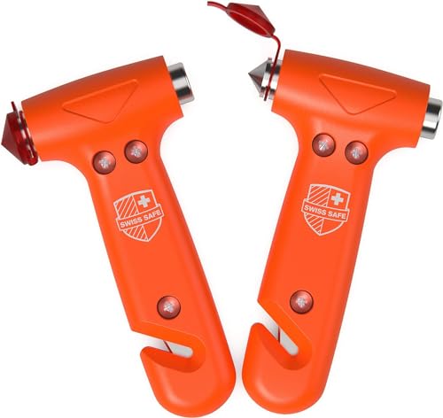Swiss Safe Durable 5-1 Car Safety Hammer Window Breaker Breaker Tool w/Seatbelt Cutter - Emergency Escape Glass Hammer - Truck, Car Safety Essentials & Accessories - Orange, 2 Pack - color: Orange, size: 2-Pack
