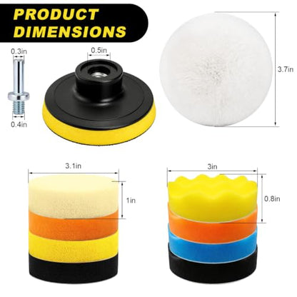 11 PCS Car Foam Polishing Pads Kit, 3 Inch Polisher Kit with Hook and Loop Backing Pads & M10 Drill Adapter, Sponge Pad Wool Buffing Pad Drill Polishing Set for Car Waxing - color: 11 PCS