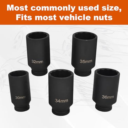 SSN 1/2 Inch Impact Socket Set Heavy Duty Drive Impact Socket Set 12 Point Metric 30mm 32mm 34mm 35mm 36mm Axle Nut Socket Set with Portable Case (5PCS) - color: 30-36mm(5pcs)