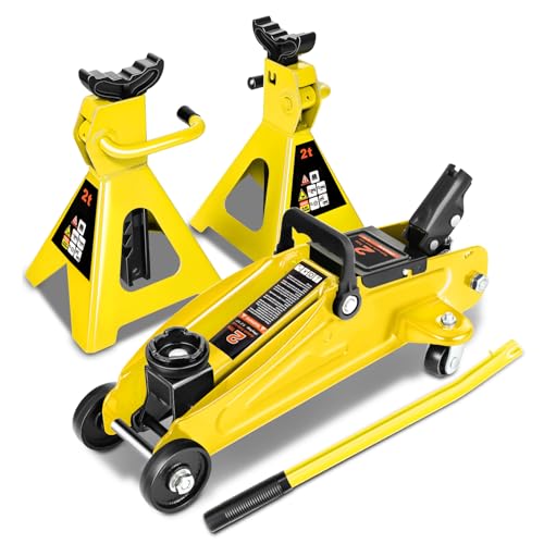 DNA Motoring 2 Ton Car Jack and Stands Kit 2T(4000 lbs) Capacity Low Profile Hydraulic Trolley Service/Floor Jack with 2 Ratchet Stands Combo for Home Garage Shop, Yellow, TOOLS-00476-YL - color: Yellow