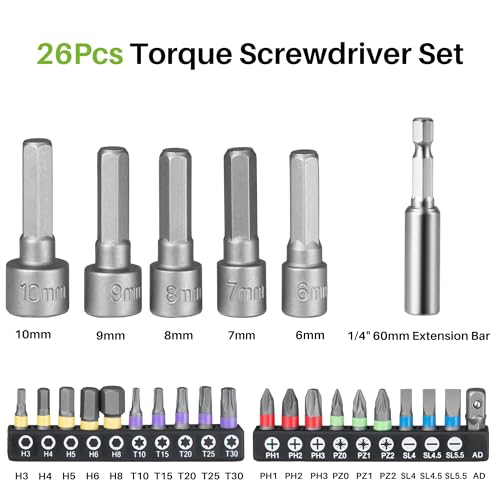 27Pcs Torque Screwdriver, 10-80In-lb for Maintenance, Gunsmithing | 1/4" Drive Torque Wrench Set, Inch Pound Torque Screwdriver with S2 Bits, Extension Bar for DIY, Bike Repairing, Gunsmith - size: 27Pcs