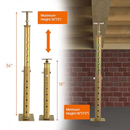 2 Pcs Adjustable Basement Floor Jack, 18"-36” (1'5"-3') Height Range, Floor Joist Screw Jack for Temporary Support Or Leveling, Heavy Duty House Floor Jack Height Capacity 5570lbs (2 Gold Jacks)