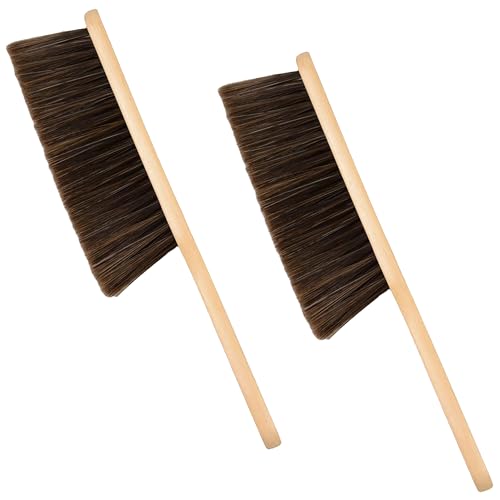 2 Pieces Woooden Dust Brush Hand Broom Bench Brush with Long Wood Handle Whisk Broom Soft Bristle Brush for Counter Bed Sofa Car Fireplace Clothes Household Cleaning (Brown) - color: Brown