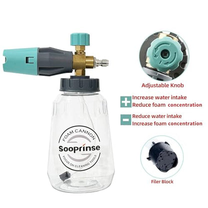 Sooprinse Foam Cannon, Adjustable Snow Foam Lance Transparent Body, Professional Car Foam Blaster with 1/4 Inch Quick Connector, 4000 PSI, 1L - color: Green