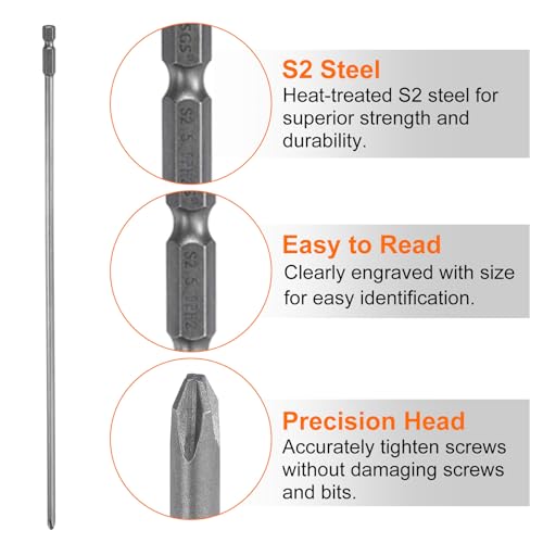 HARFINGTON 2pcs #2 Phillips Screwdriver Bit PH2 1/4" Hex Shank 12" (300mm) Long Magnetic S2 Steel Industrial Grade Screw Driver Bit Cross Head Electric Drill Bits 0.197" (5mm) Rod - size: PH2 x 300mm x 5mm