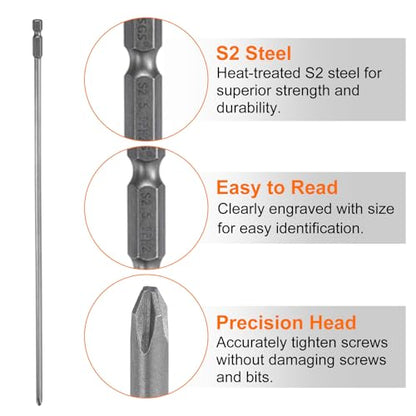HARFINGTON 2pcs #2 Phillips Screwdriver Bit PH2 1/4" Hex Shank 12" (300mm) Long Magnetic S2 Steel Industrial Grade Screw Driver Bit Cross Head Electric Drill Bits 0.197" (5mm) Rod - size: PH2 x 300mm x 5mm