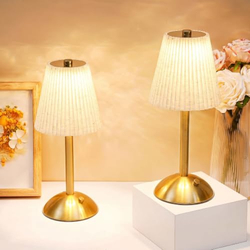 Liliful 2 Pcs Cordless Table Lamp Rechargeable Touch LED Small Gold Portable Battery Operated USB-c Desk Lamp 3 Color Dimmable for Bedroom Living Room Dining (Gold,Linen Fabric) - color: Linen Fabric, size: Gold