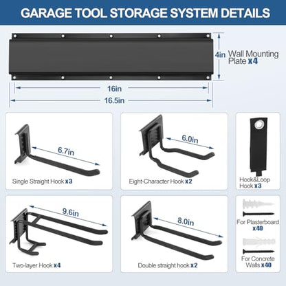 66'' Garage Tool Organizer Wall Mount 18Pack 750lbs Heavy Duty | Include 14 Adjust Hooks Garden Tool Organizer, Garage Wall Organizer for Garden Yard Tool Shovel Rake Broom Ladder Weed Eater - size: 66''-18Pack