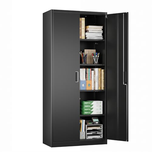 SUXXAN Metal Storage Cabinet with Doors and Shelves, 71" H Locking Steel Garage Cabinet for Home Office Studio Pantry,Tall Tool File Cabinet Black, Assembly Require - color: Black, size: 15.7"D x 31.5"W x 71"H