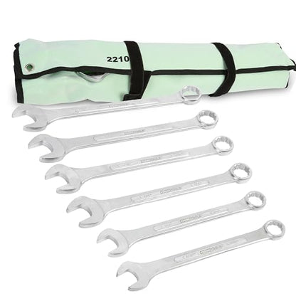 OEMTOOLS 22100 6-PC SAE Jumbo Combination Wrench Set, 1-1/16" to 1-7/16", 12 Pt. Box End Wrenches, 15° Offset for Knuckle Clearance, Chrome Plated Finish with Wrench Roll - style: 6 piece SAE