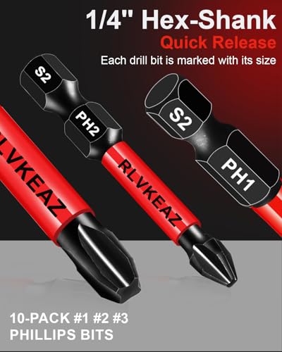 10-Pack Phillips Bits #1#2#3 Impact Magnetic, 2 Inch Phillips Head Drill & Screwdriver Bits Set, Premium S2 Steel, 1/4" Hex-Shank, (PH1/PH2/PH3) for Power Drill, Professional & DIY - style: #1#2#3 phillips bits 10pcs