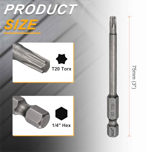 HARFINGTON 10pcs T20 Torx Head Screwdriver Bit 1/4" Hex Shank 3" (75mm) Long Magnetic No Hole Tip Tamper Proof 6 Point Star Screw Driver Drill Bits S2 Steel Industrial Power Screwdrivers - size: T20 x 3"