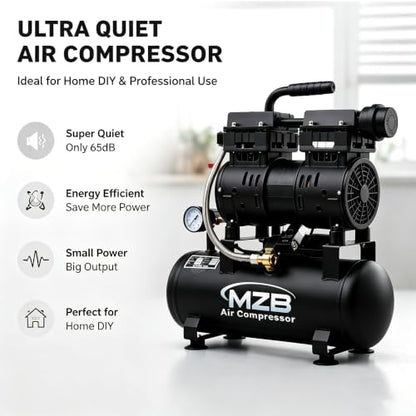 MZB 2.4 Gallon 1.0HP Ultra Quiet Air Compressor 110V/60Hz 5.65CFM, MAX 115PSI Steel Tanks Oil-Free 65 dB Noise Level Air Compressor for Spray Painting, Auto Repair, Carpentry Decoration - size: MZB-750H-9