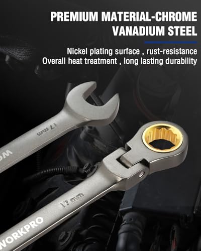 WORKPRO 17 mm Flex-Head Ratcheting Combination Wrench, Cr-V Constructed, Nickel Plating, 72-Teeth, 12 Point Design, Metric - size: 17 mm, style: Nickel Plating