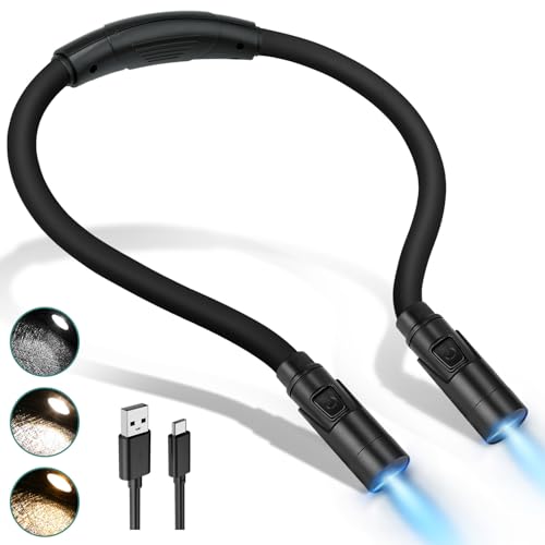 LUXJET Rechargeable Neck Light for Knitting & Crochet - Book Lights for Reading in Bed – 3 Color Modes, Dimmable, Eye-Care LED, Hands-Free Neck Light for Repairs - color: Black