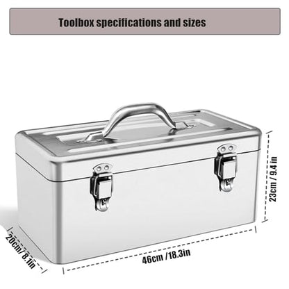 18" Metal ToolBox,Stainless Steel Tool Box,Heavy Duty Portable Tool Box,2 Layer with Carrying Handle metal locking latches make and Removable Tray,for Garage Workshop (Silver)