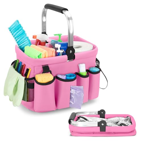 PGmoon Cleaning Caddy Organizer with Handle,Pink | Cleaning Tote Bag with Multiple Pockets for Cleaning Supplies, Products Storage, Housekeepers, Kitchen Cleaning Supplies - color: Pink