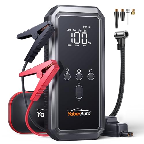YaberAuto 9-in-1 Jump Starter with Air Compressor 6000A 150PSI Portable Car Battery Jump Starter (All Gas/10L Diesel), 12V Jump Box Car Battery Jumper Starter Portable with Jumper Cables, 160W DC Out